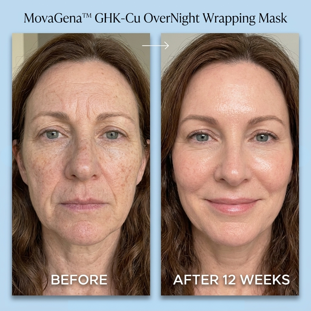 Before and after using MovaGena GHK-Cu overnight wrapping mask